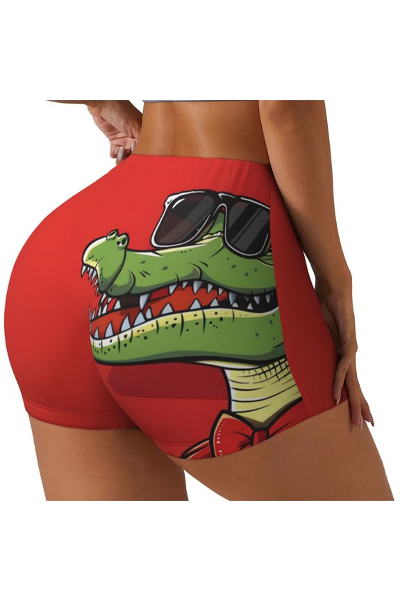 Cool Crocodile With Sunglasses Printed Workout Shorts for Women Seamless Scrunch Butt Lifting High Waisted Yoga Gym Booty Running Moisture-wicking Short Pants-Medium