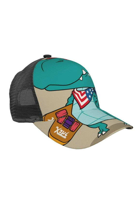 Cool Dino Playing Skateboard Pattern Trucker Hat,Baseball Cap,Sun Protection Cap,Stylish Headwear,Leisure Cap,Outdoor Sports Cap