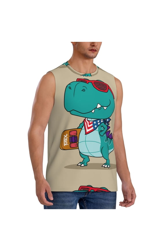 Cool Dino Playing Skateboard mens Cotton Tank Undershirts , Moisture-wicking Ribbed Tanks, Lightweight Cotton Tank Undershirts-Medium