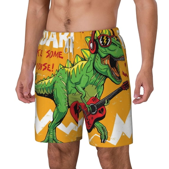 Picia Cool Dinosaur Playing Guitar pattern Mens Swim Trunks with Compression Liner Stretch Beach Shorts Quick Dry with Zipper Pockets No-Chafing Board Shorts-XX-Large