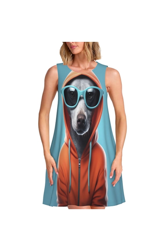 Cool Dog In Hoodie Print Women’s Sleeveless Midi Swing Dress – A-Line Pleated Tank Sundress, Comfortable and Flowy T-Shirt Dress