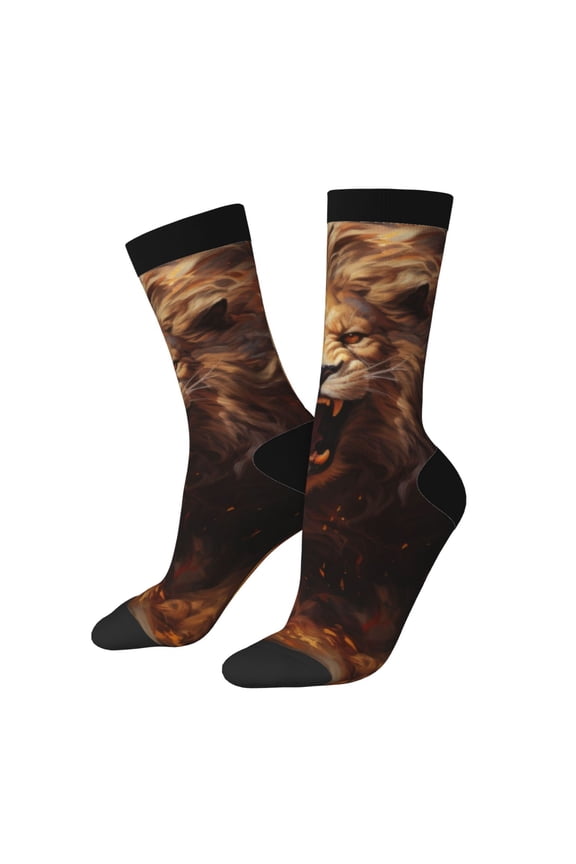 Cool Fire Lion Print Athletic Socks for Men & Women – Cushioned Moisture-Wicking Crew Socks for Sports, Running, and Training, Soft & Breathable Size 5-11