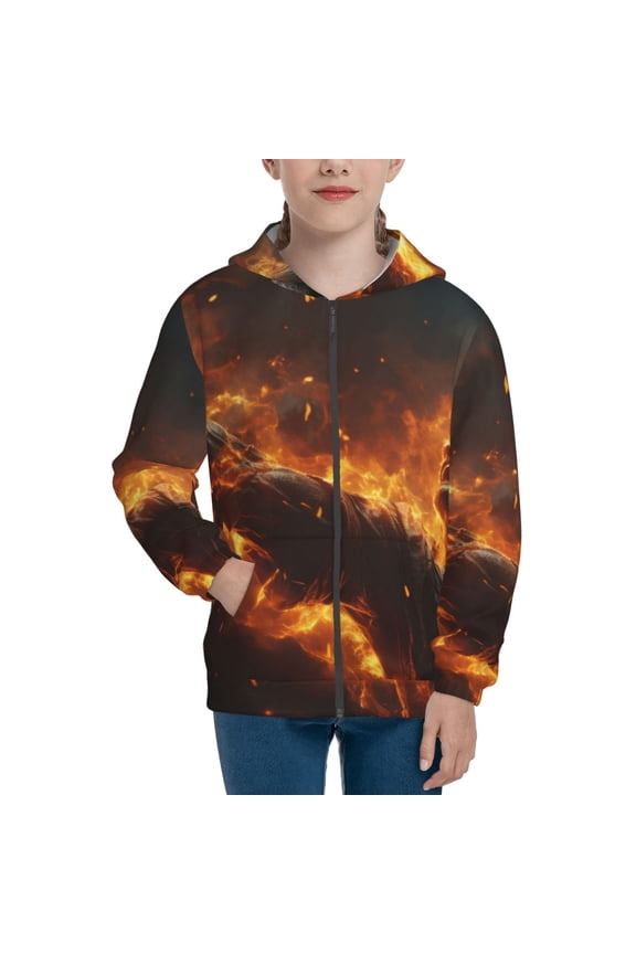 Cool Fire Man for Boys Fashion Full-zip Hoodies & Sweatshirts with Kangaroo Pocket,Zip-up Hooded Sweatshirt for Kid, Moisture Wicking & Breathable-Small