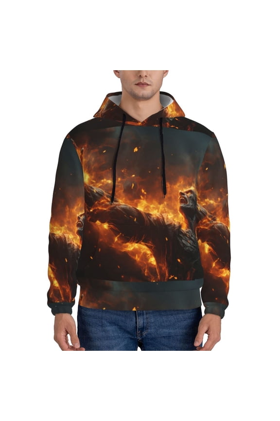 Cool Fire Man Pattern Casual Men's Hoodie - Lightweight Hooded Sweatshirt with Kangaroo Pocket, Comfortable Pullover for Everyday, Travel-Large