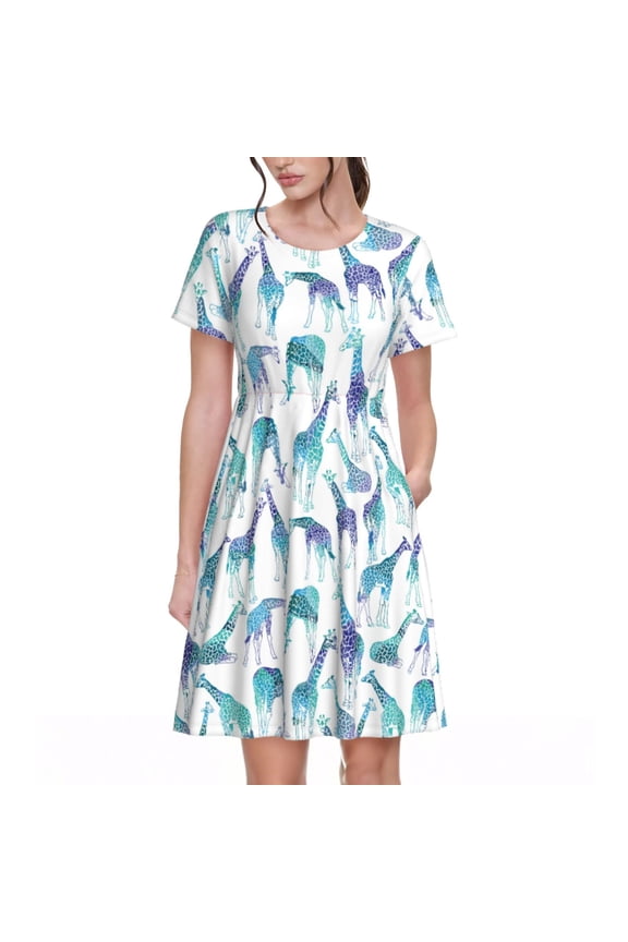 Cool Giraffe Pattern Women's Short Sleeve Summer Dress Pleated Loose Swing Knee Length Short Sleeve Swing Dresses