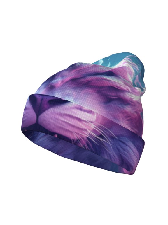 Cool Lion Head Pattern Knitted Beanie Hat for Men and Women , Unisex Winter Warm Stretchy Knit Cap Thick Fisherman Beanies Cuffed Plain Skull Caps