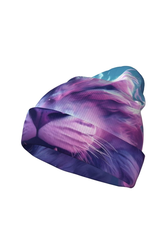 Cool Lion Head Pattern Knitted Beanie Hat for Men and Women , Unisex Winter Warm Stretchy Knit Cap Thick Fisherman Beanies Cuffed Plain Skull Caps