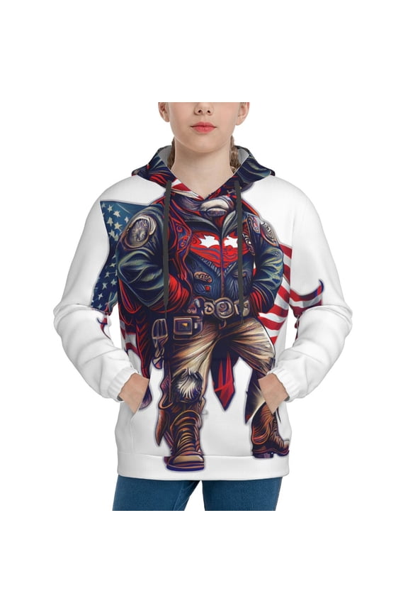Cool Patriotic Buffalo Cowboy Pattern Youth Hoodie - Warm Pullover Sweatshirt with Kangaroo Pocket, Ideal for Boys and Girls-Medium