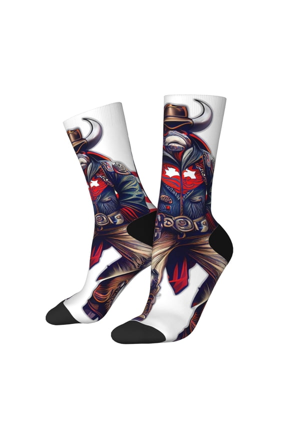 Cool Patriotic Buffalo Cowboy Print Athletic Socks for Men & Women – Cushioned Moisture-Wicking Crew Socks for Sports, Running, and Training, Soft & Breathable Size 5-11