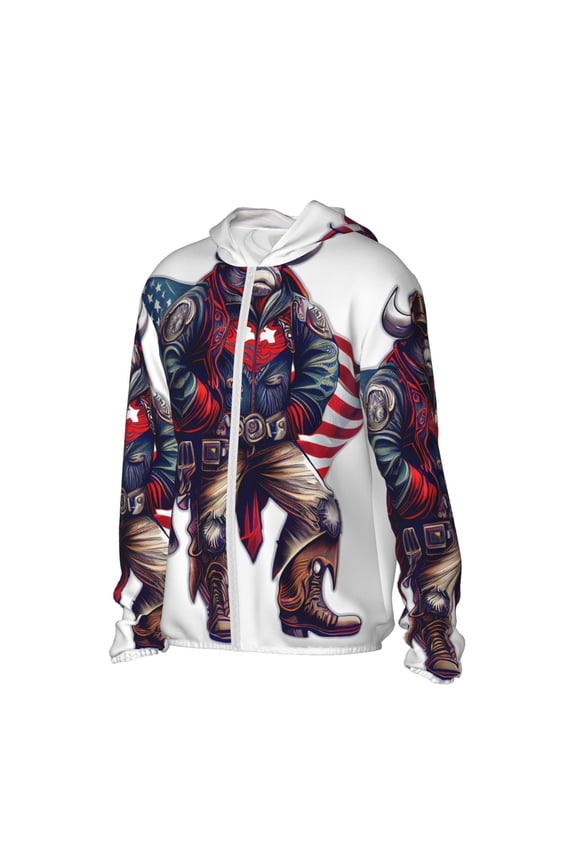 Cool Patriotic Buffalo Cowboy Women's Men's UPF 50+ Sun Protection Hoodie Shirt Long Sleeve SPF Fishing Outdoor UV Hiking Lightweight Shirts-Large