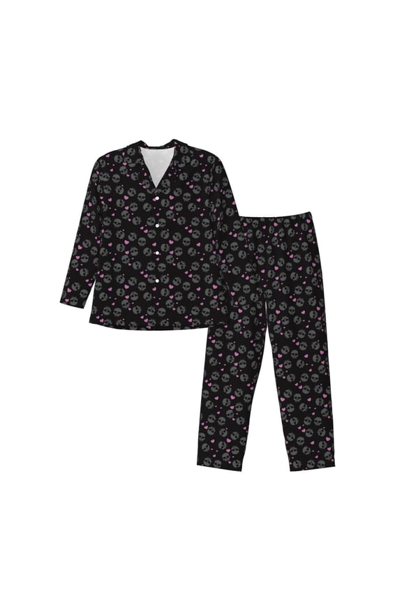 Cool Skull Love Pattern Men’s Long-Sleeve Sleepwear Set - Soft 2-Piece Loungewear with Pockets, Comfy PJs for Relaxing Nights-Medium
