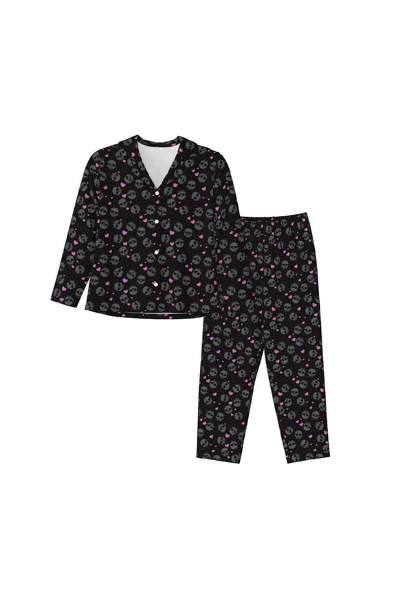 Cool Skull Love Pattern Women’s Long-Sleeve Sleepwear Set - Soft 2-Piece Loungewear with Pockets, Comfy PJs for Relaxing Nights-Small