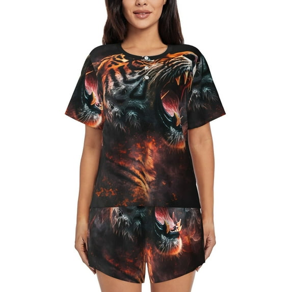 Picia Cool Tiger Pajamas Sets for Women Soft Short-Sleeved Pjs with Lounge Shorts Two Piece Sleepwear-XX-Large