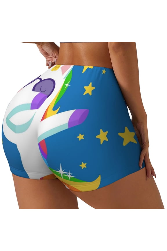Cool Unicorn Star Golden Printed Workout Shorts for Women Seamless Scrunch Butt Lifting High Waisted Yoga Gym Booty Running Moisture-wicking Short Pants-