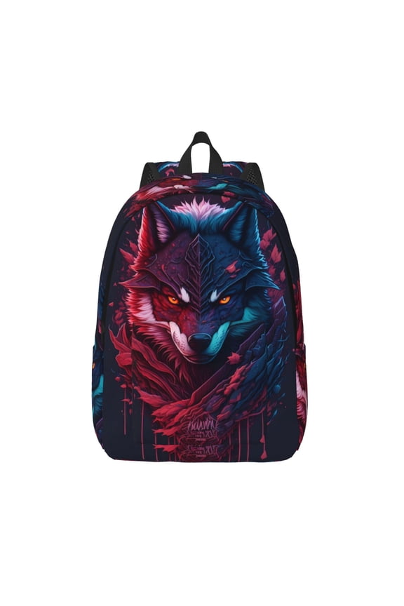 Cool Wolf Head Printed Canvas Daypack - Stylish and Durable Vintage Compact Backpack - Class, Work, Travel, or Laptop Bookbag,Organized Compartments-Medium