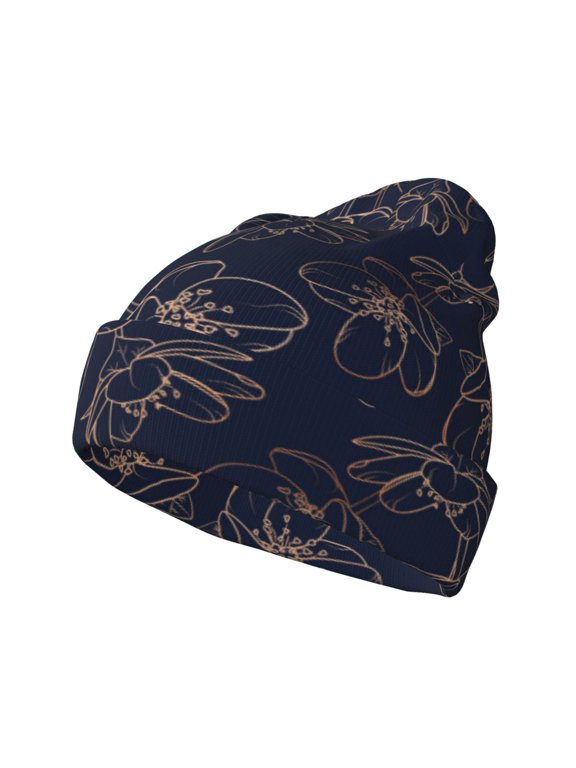 Copper-Gold Gloss Outline Cherry Pattern Knitted Beanie Hat for Men and Women , Unisex Winter Warm Stretchy Knit Cap Thick Fisherman Beanies Cuffed Plain Skull Caps