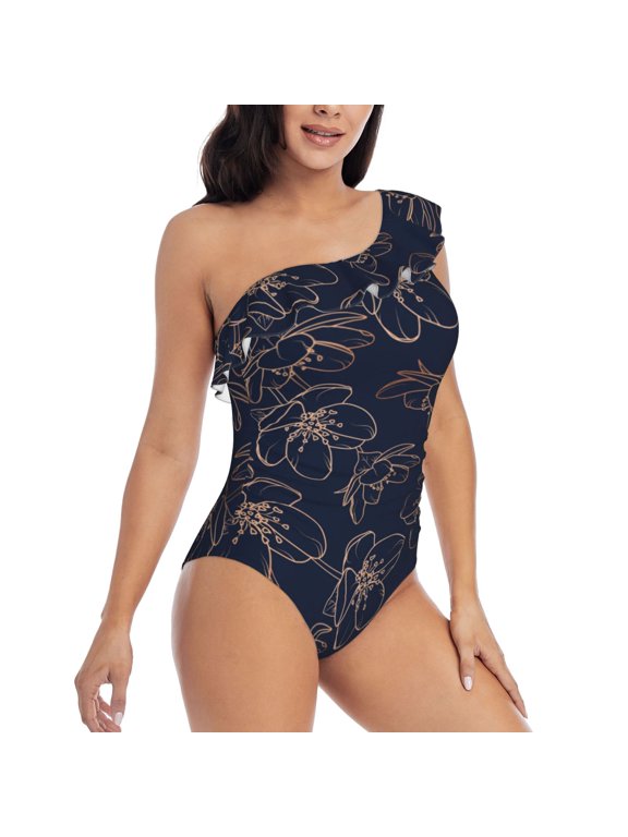 Copper-Gold Gloss Outline Cherry Pattern Women's One Piece Swimsuits,One Shoulder Swimwear Asymmetric ,Ruffle Monokinis Bathing Suits,High Waisted Flattering Bathing Suits-Small