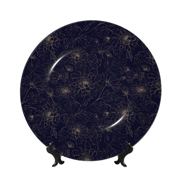 Picia Copper-Gold Gloss Outline Chrysanthemum Pattern Bone China Decorative Plate – Wall Decor with Stand and Adhesive, Elegant Ornament for Living Room, Office, or Entryway-7in