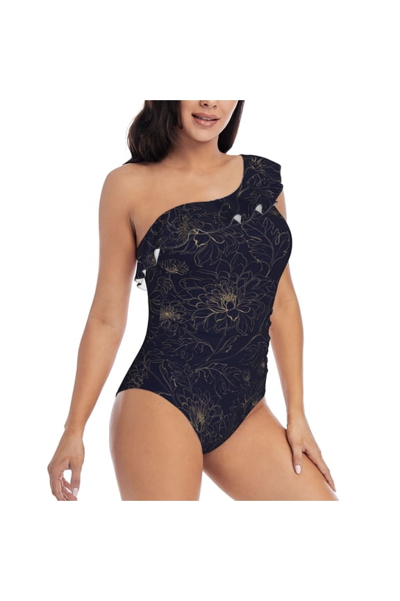 Copper-Gold Gloss Outline Chrysanthemum Pattern Women's One Piece Swimsuits,One Shoulder Swimwear Asymmetric ,Ruffle Monokinis Bathing Suits,High Waisted Flattering Bathing Suits-Small
