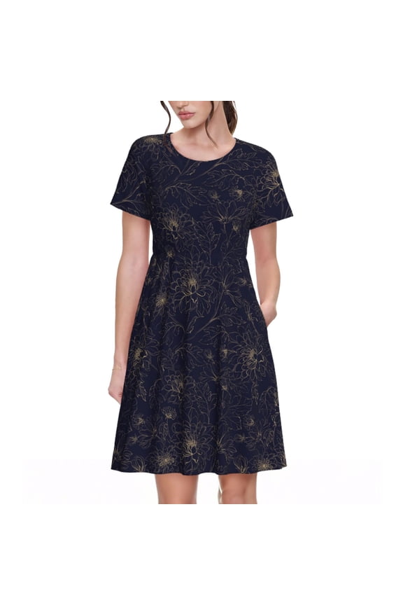 Copper-Gold Gloss Outline Chrysanthemum Pattern Women's Short Sleeve Summer Dress Pleated Loose Swing Knee Length Short Sleeve Swing Dresses