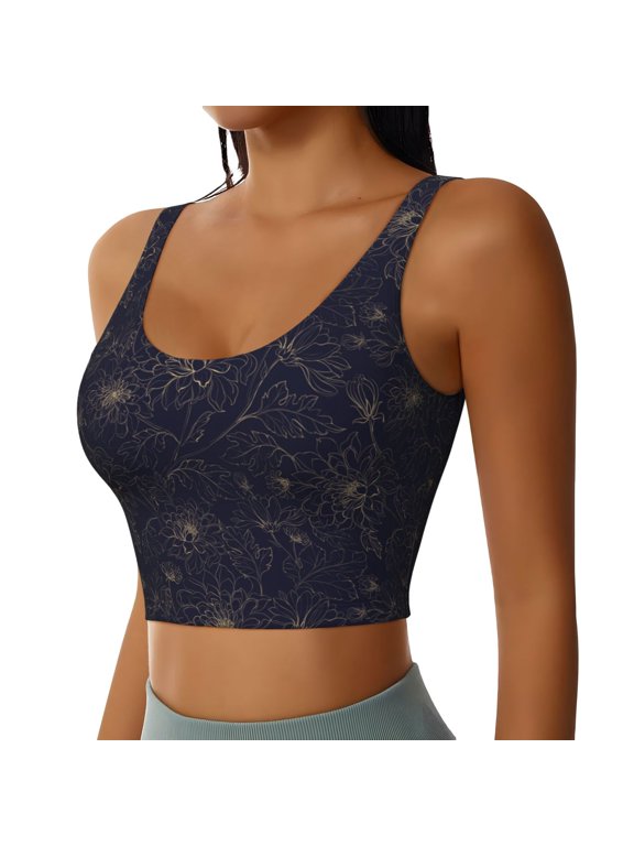 Copper-Gold Gloss Outline Chrysanthemum Sports Bra for Women,Padded Strappy Sports Bras Medium Support Yoga Bra with Removable Cups,Running Yoga Bra-Medium
