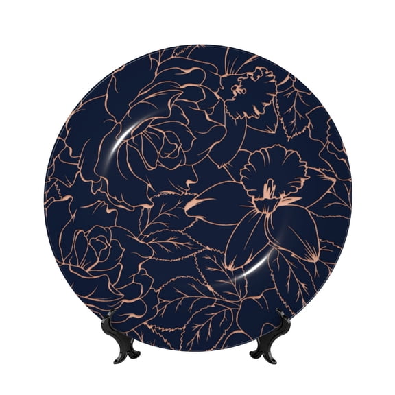 Picia Copper-Gold Gloss Outline Flower Pattern Bone China Decorative Plate – Wall Decor with Stand and Adhesive, Elegant Ornament for Living Room, Office, or Entryway-7in