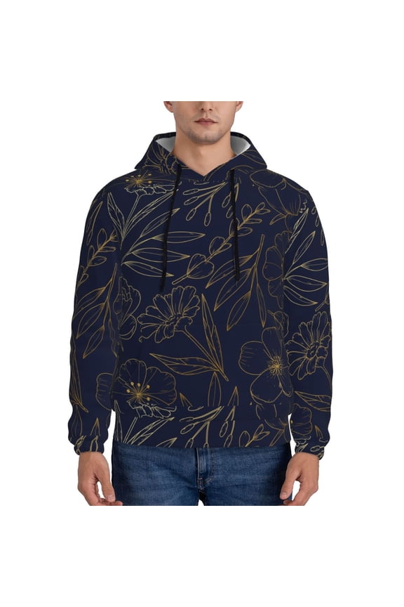 Copper-Gold Gloss Outline Flower Pattern Casual Men's Hoodie - Lightweight Hooded Sweatshirt with Kangaroo Pocket, Comfortable Pullover for Everyday, Travel-Medium