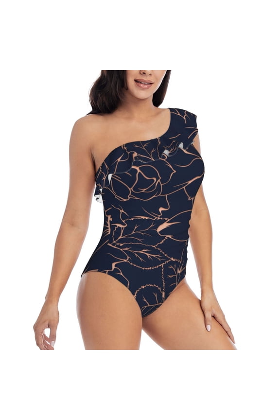 Copper-Gold Gloss Outline Flower Pattern Women's One Piece Swimsuits,One Shoulder Swimwear Asymmetric ,Ruffle Monokinis Bathing Suits,High Waisted Flattering Bathing Suits-Small
