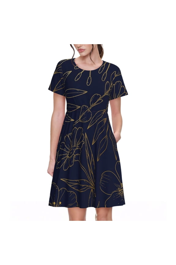 Copper-Gold Gloss Outline Flower Pattern Women's Short Sleeve Summer Dress Pleated Loose Swing Knee Length Short Sleeve Swing Dresses