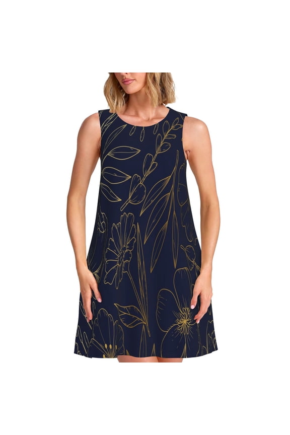 Copper-Gold Gloss Outline Flower Print Women’s Sleeveless Midi Swing Dress – A-Line Pleated Tank Sundress, Comfortable and Flowy T-Shirt Dress