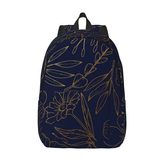 Picia Copper-Gold Gloss Outline Flower Printed Canvas Daypack - Stylish and Durable Vintage Compact Backpack - Class, Work, Travel, or Laptop Bookbag,Organized Compartments-Small
