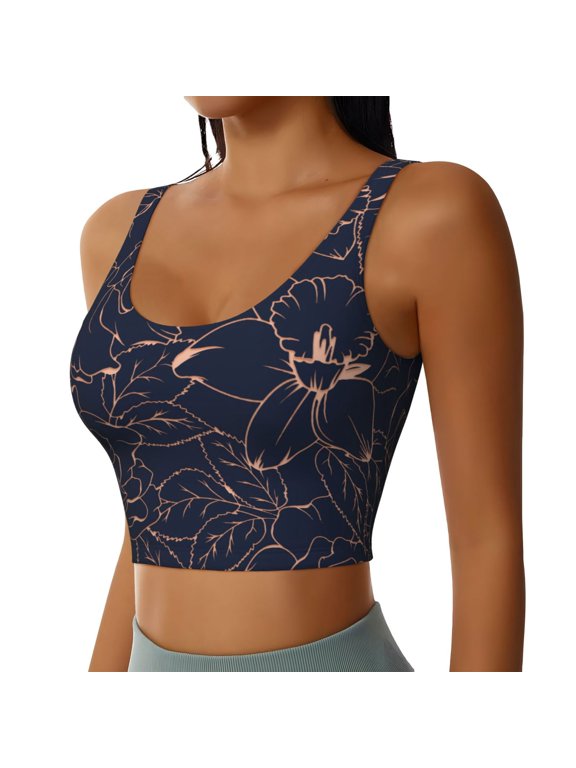 Copper-Gold Gloss Outline Flower Sports Bra for Women,Padded Strappy Sports Bras Medium Support Yoga Bra with Removable Cups,Running Yoga Bra-Medium