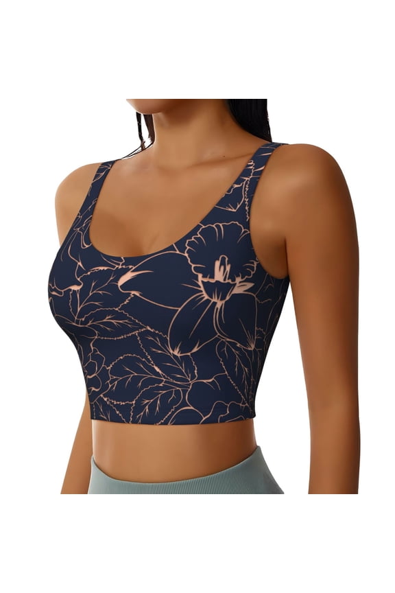 Copper-Gold Gloss Outline Flower Sports Bra for Women,Padded Strappy Sports Bras Medium Support Yoga Bra with Removable Cups,Running Yoga Bra-Medium