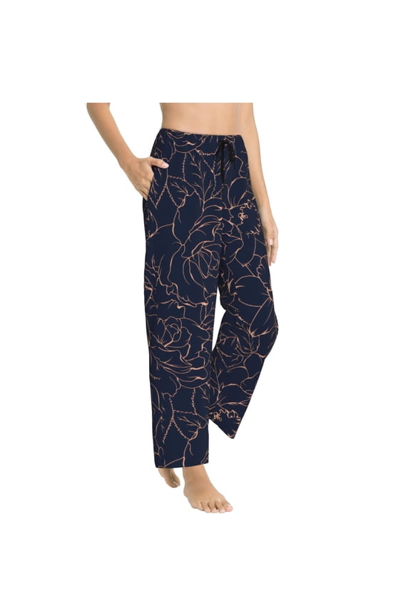 Copper-Gold Gloss Outline Flower Womens Soft Woven Cotton Elastic Waistband Sleep Pajama Pant Lounge Sleep Pant With Pockets And Drawstring-Medium