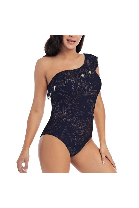 Copper-Gold Gloss Outline Flower1 Pattern Women's One Piece Swimsuits,One Shoulder Swimwear Asymmetric ,Ruffle Monokinis Bathing Suits,High Waisted Flattering Bathing Suits-Small