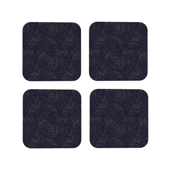 Picia Copper-Gold Gloss Outline Flower1 Printed Leather Coasters for Drinks, 4" Drink Coasters Set of 4 for Tabletop Protection, Handmade Luxurious Home Décor and Housewarming Gift -Square
