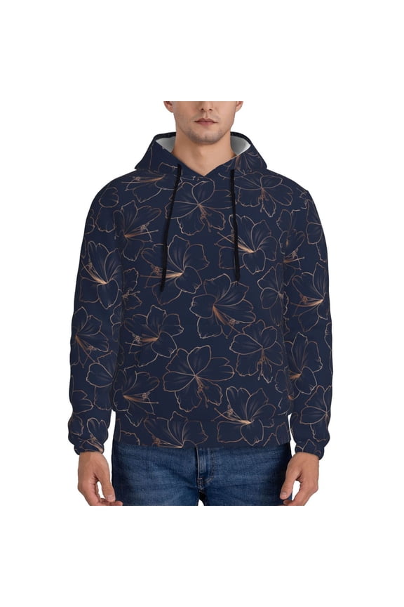 Copper-Gold Gloss Outline Lily Flower Pattern Casual Men's Hoodie - Lightweight Hooded Sweatshirt with Kangaroo Pocket, Comfortable Pullover for Everyday, Travel-Medium