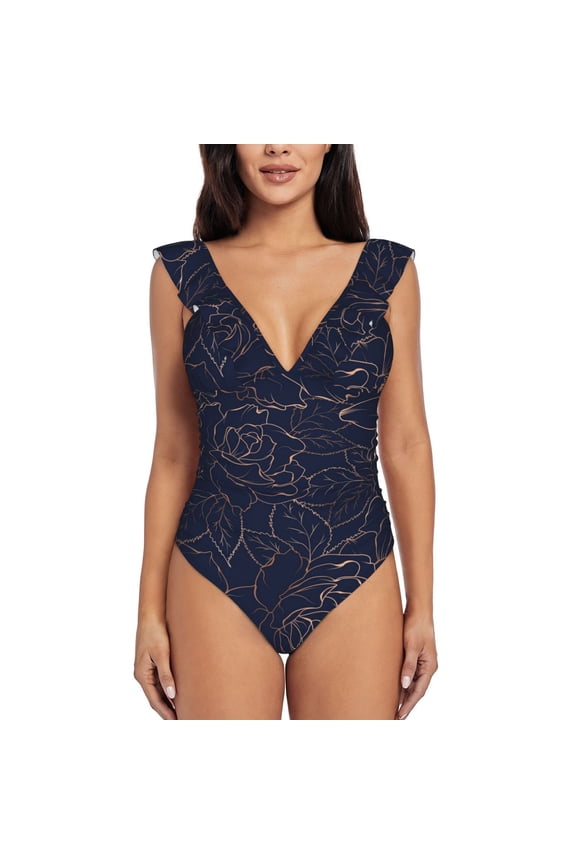 Copper-Gold Gloss Outline Navy Dark Blue Blooming Jelly Womens Tummy Control Bathing Suits Slimming Ruffle Swimsuit One Piece Lace Swimwear-