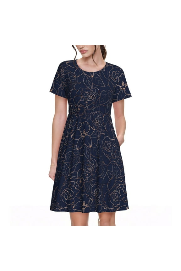 Copper-Gold Gloss Outline Navy Dark Blue Pattern Women's Short Sleeve Summer Dress Pleated Loose Swing Knee Length Short Sleeve Swing Dresses
