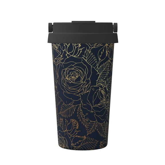 Picia Copper-Gold Gloss Outline Rose Pattern 500ml Carry Insulated Coffee Mug, Stainless Steel Travel Mug with Hidden Handle, Leak-Proof for Car, Office, Home, and Outdoor Use
