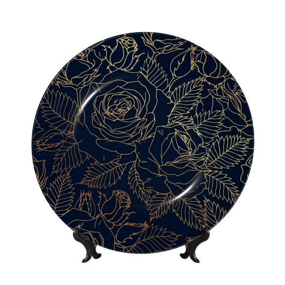 Picia Copper-Gold Gloss Outline Rose Pattern Bone China Decorative Plate – Wall Decor with Stand and Adhesive, Elegant Ornament for Living Room, Office, or Entryway-7in