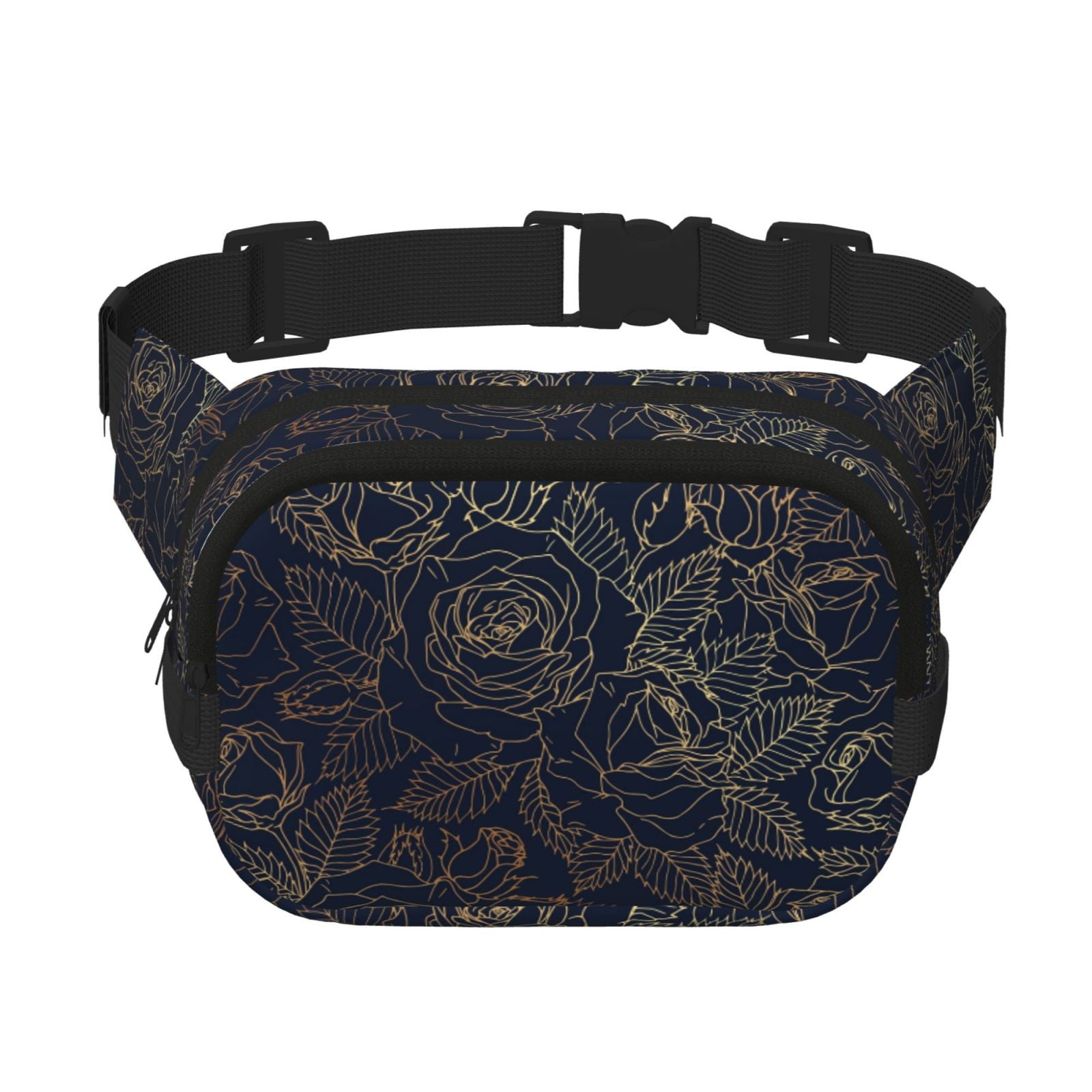 Picia Copper-Gold Gloss Outline Rose Print Square Double-Layer Waist Bag Mini Adjustable Waist Belt Bag Exercise Running Travel Hiking