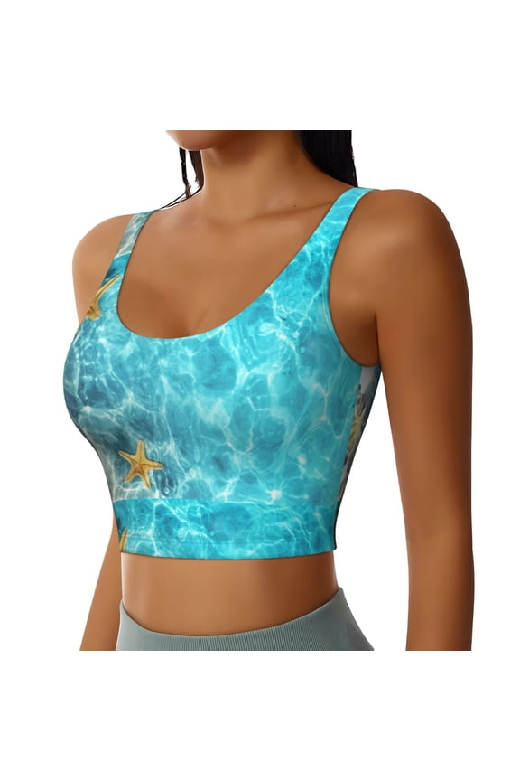 Coral And Seashell On The Beach Sports Bra for Women,Padded Strappy Sports Bras Medium Support Yoga Bra with Removable Cups,Running Yoga Bra-Large