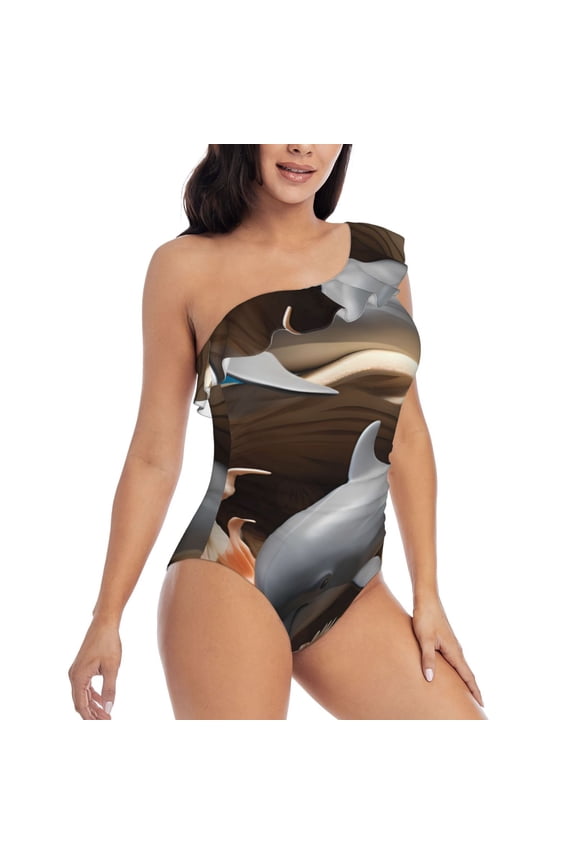 Coral Fish Dolphin Pattern Women's One Piece Swimsuits,One Shoulder Swimwear Asymmetric ,Ruffle Monokinis Bathing Suits,High Waisted Flattering Bathing Suits-Medium
