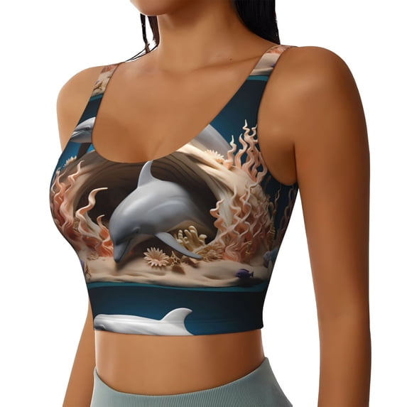 Picia Coral Fish Dolphin Sports Bra for Women,Padded Strappy Sports Bras Medium Support Yoga Bra with Removable Cups,Running Yoga Bra-Small