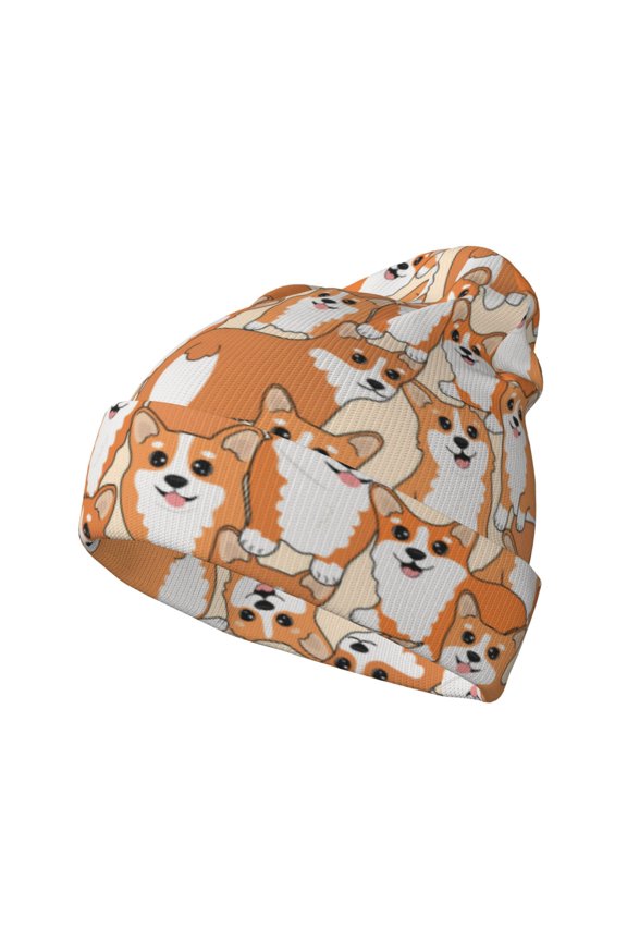 Corgi Animal Pattern Knitted Beanie Hat for Men and Women , Unisex Winter Warm Stretchy Knit Cap Thick Fisherman Beanies Cuffed Plain Skull Caps