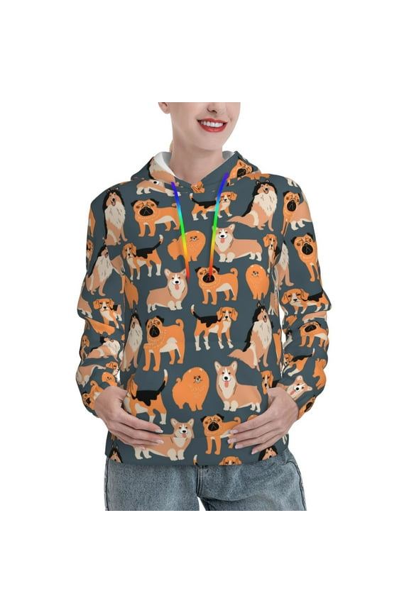 Corgi Collie Pug Pattern Casual Women's Hoodie, Hooded Sweatshirt with Kangaroo Pocket, Comfortable Pullover with Eye-catching Drawstrings-Medium