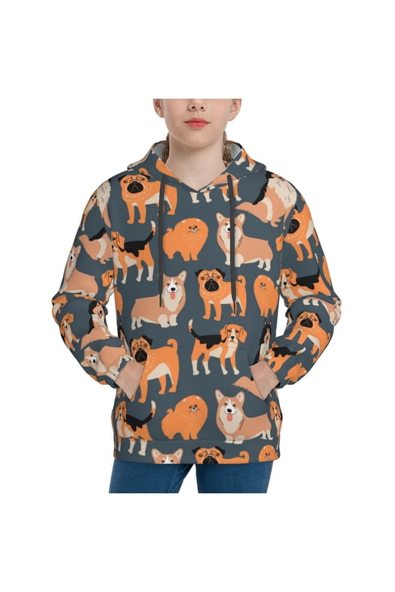 Corgi Collie Pug Pattern Youth Hoodie - Warm Pullover Sweatshirt with Kangaroo Pocket, Ideal for Boys and Girls-