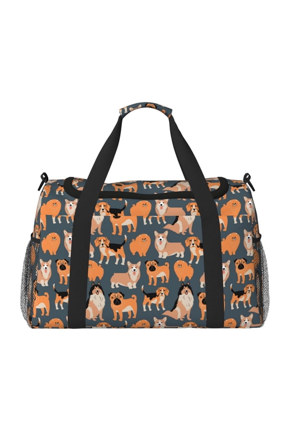 Corgi Collie Pug Print Travel Duffle Bag,Weekender Bags for Women with Shoe Compartment, Gym Duffel Bag with Wet Pocket, Hospital Bags for Labor and Delivery