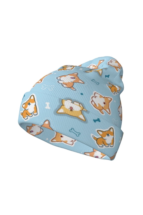 Corgi Dog 1 Pattern Knitted Beanie Hat for Men and Women , Unisex Winter Warm Stretchy Knit Cap Thick Fisherman Beanies Cuffed Plain Skull Caps